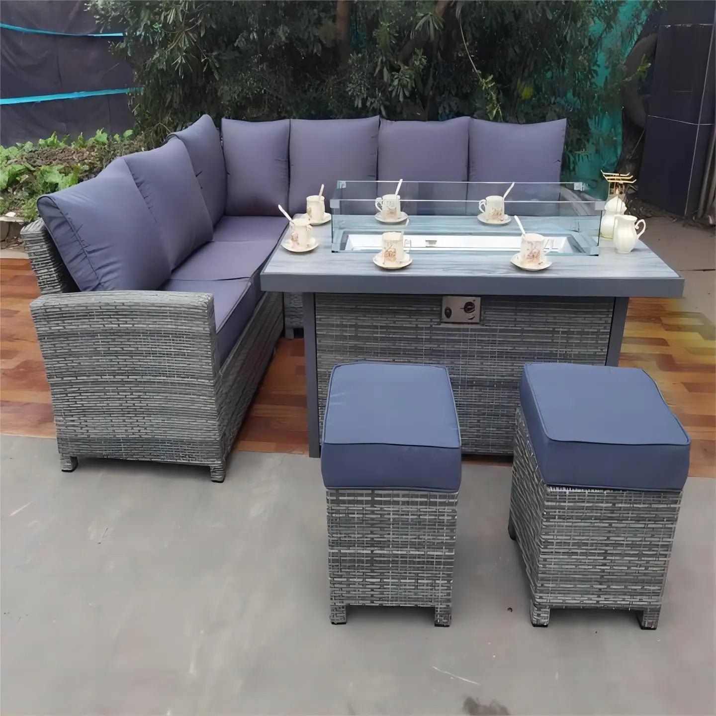 Outdoor Garden Gas Fire Pit Furniture Set Rattan Wicker Corner Dining Set With Big Fire Pit Burner Table In Europe For Grill