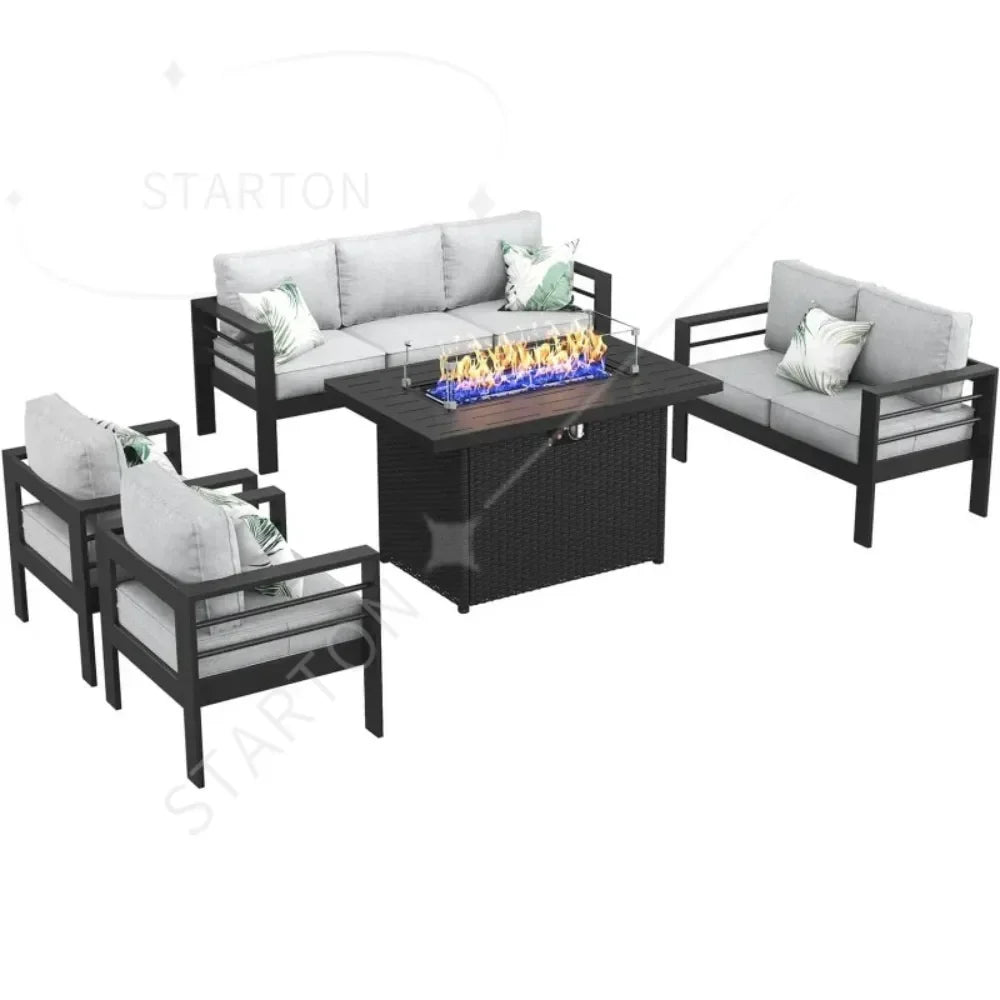 Furniture Set with Fire Pit Table 5 Piece Patio Modular Conversation Chat Sofa Modern Seating Set