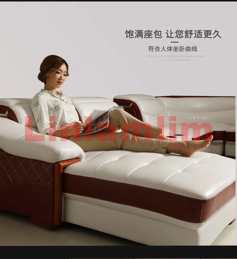MANBAS Italian Cow Genuine Leather Couch Set Big Sofas Modernos Para Sala with Speaker, Bluetooth Audio, USB Charging,Storage