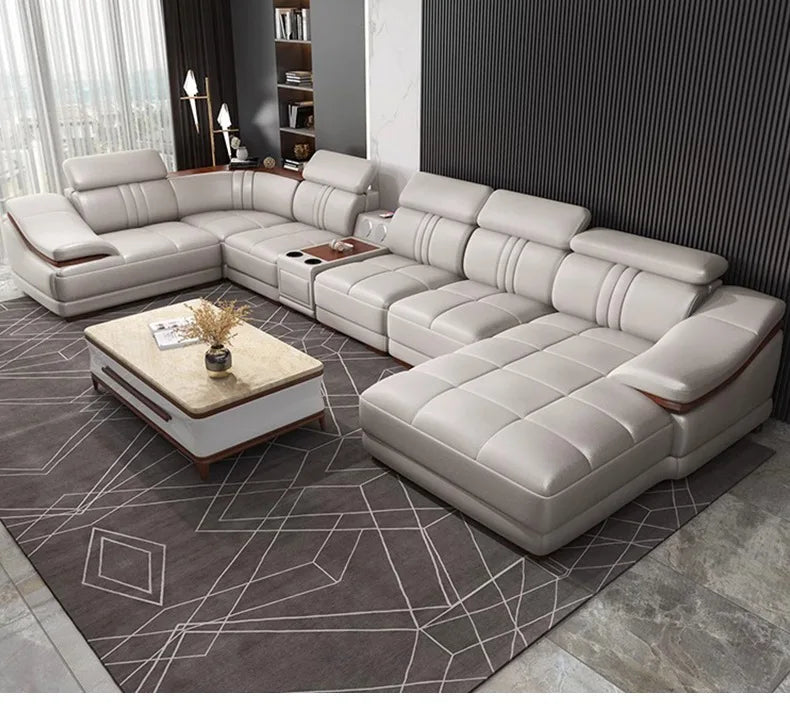 Simple modern leather sofa first layer cowhide living room large corner full set of light luxury leather sofa combination