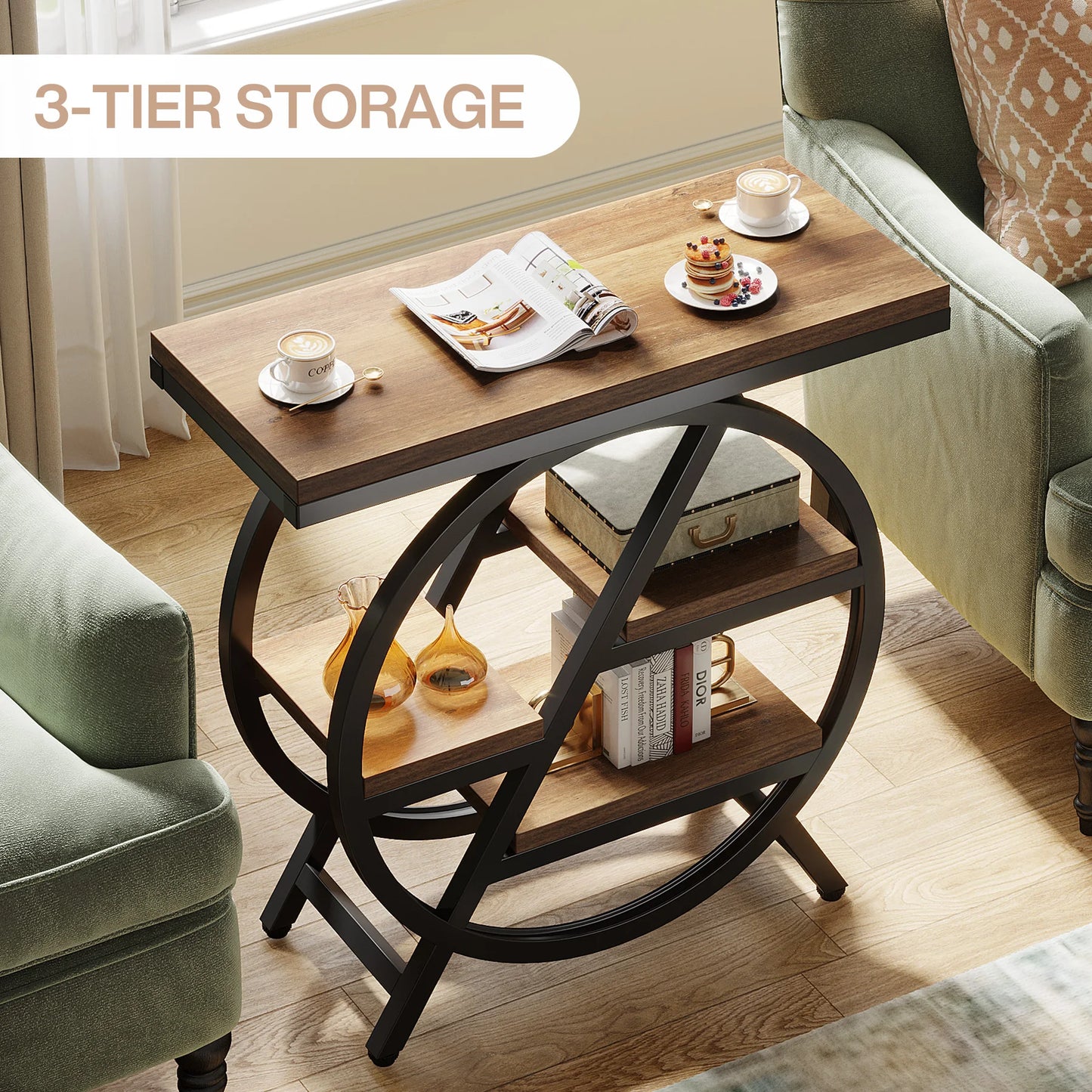 Tribesigns End Table for Living Room, 3-Tier Narrow Side Table with Storage, Wood Sofa Side Table with Geometric Metal Frame