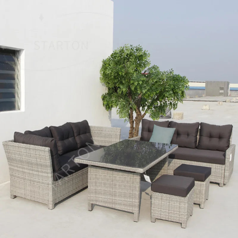 Outdoor PE Wicker Lounge Sofa Set Garden Patio Furniture with Convexion Seat Chair for Villa Dining Conversation Rattan Material