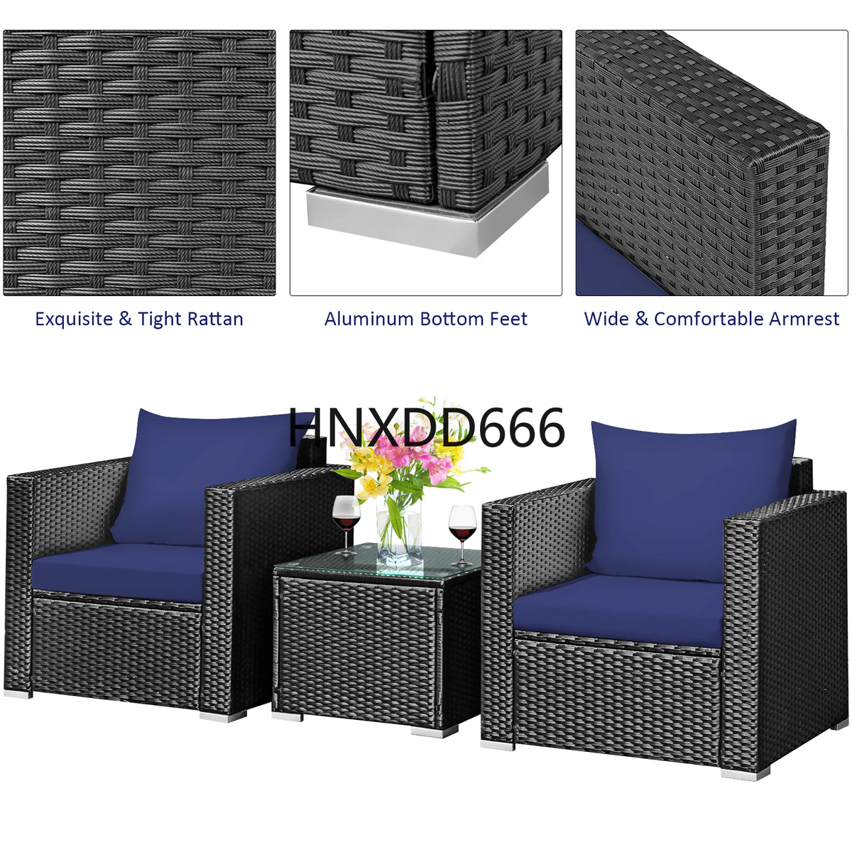 3PCS Patio Rattan Wicker Furniture Set Sofa Table W/Cushion Yard Navy