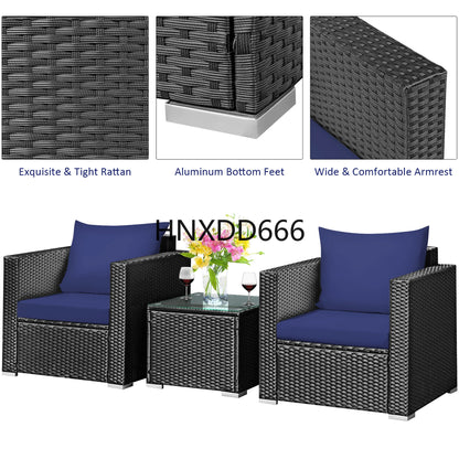 3PCS Patio Rattan Wicker Furniture Set Sofa Table W/Cushion Yard Navy