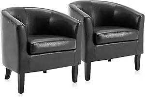 Living Room Chairs Set of 2, Faux Leather Round Accent Barrel Chairs, Club Tub Sofa Chairs for Bedroom, Corner Chairs with Flar