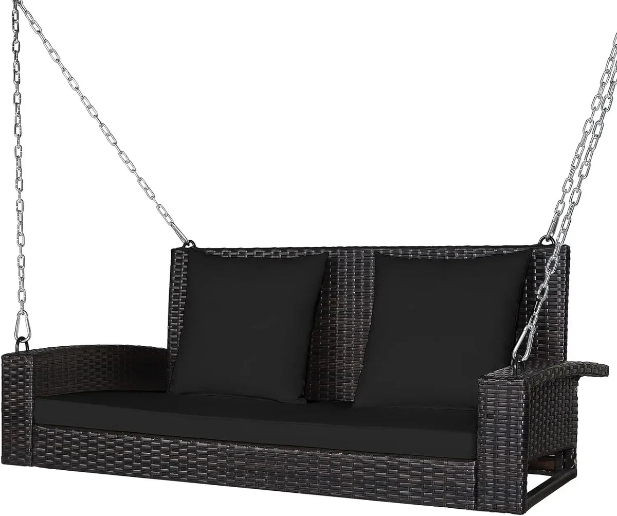 l Hanging Porch Swing, 2-Person Outdoor Wicker Swing Chair Bench With Cushions, Steel Chains For Garden, Backyard, Deck L