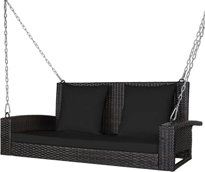 l Hanging Porch Swing, 2-Person Outdoor Wicker Swing Chair Bench With Cushions, Steel Chains For Garden, Backyard, Deck L