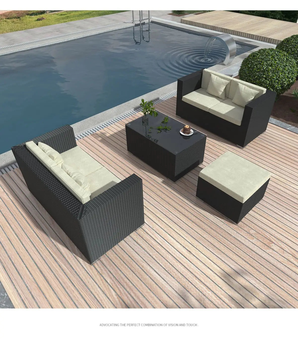 Rattan Garden Furniture Set, Outdoor Corner Sofa Couch, Handwoven Rattan Patio Conversation Set, Cushions and Glass Table