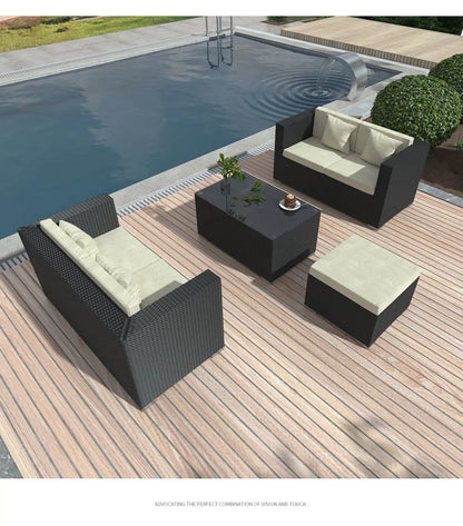 Rattan Garden Furniture Set, Outdoor Corner Sofa Couch, Handwoven Rattan Patio Conversation Set, Cushions and Glass Table