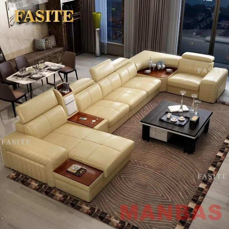 Italian Leather Couch With Heating Seat Cold Fridge Genuine Leather Sofa With Headrests USB, Stools And Storage Easy to clean