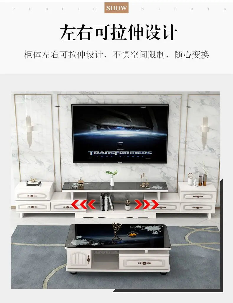 Modern & Minimalist Tempered Glass Expandable TV Stand & Coffee Table Set - European Style, Ideal for Small - Space Living Rooms
