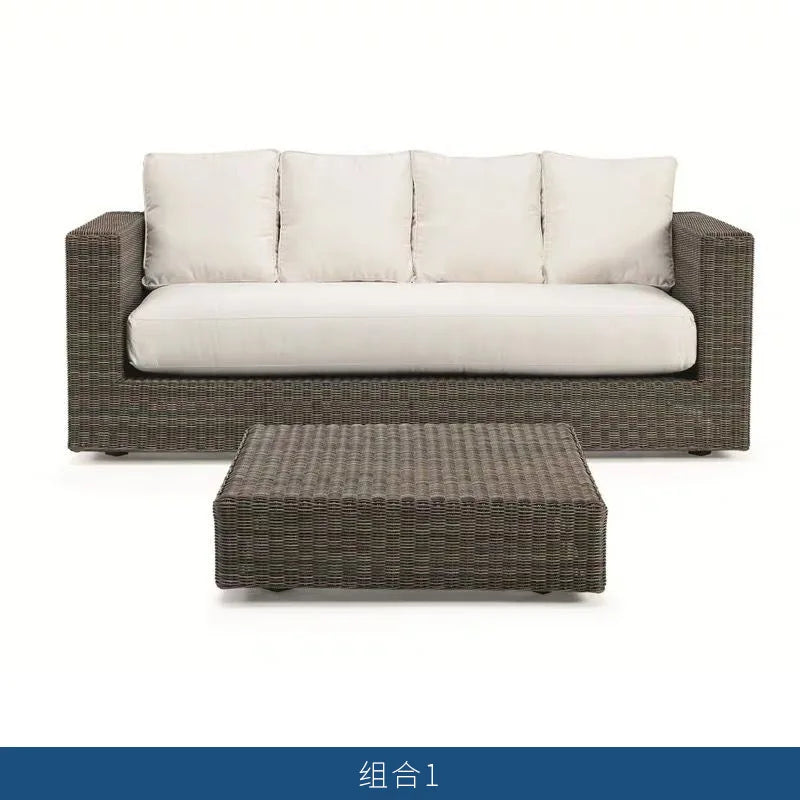 Nordic courtyard rattan furniture outdoor waterproof sunscreen sofa coffee table pedal double recliner resort bed and breakfast