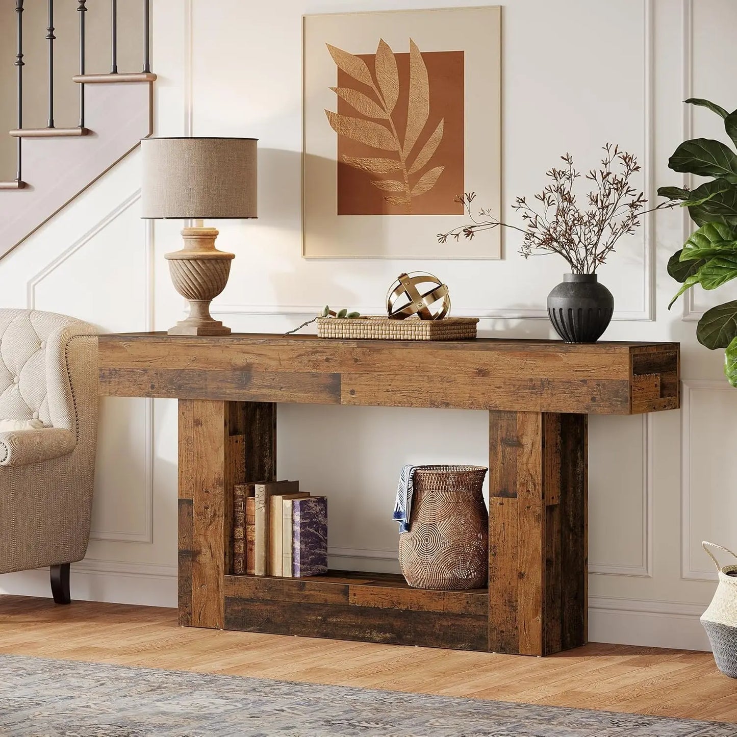 Rustic 2-Tier 63 Console Table with Storage for Entryway, Living Room, and Hallway in Brown & Gray