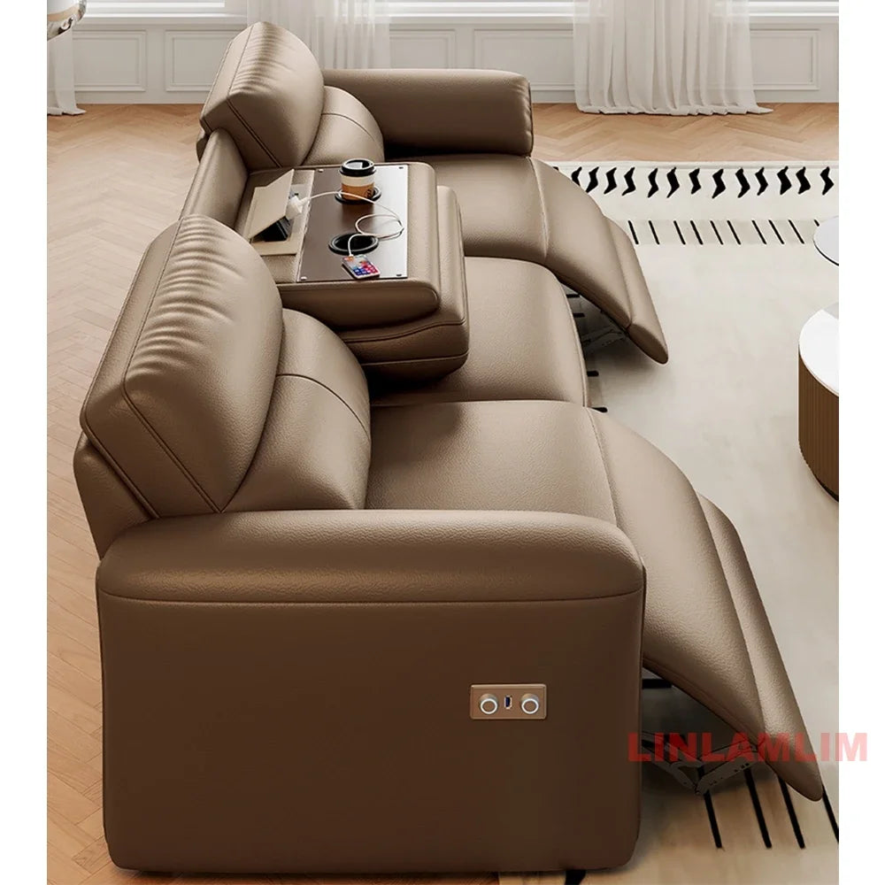 MINGDIBAO Modern Recliner Sofa with Hidden Foldable Tray Table and USB – Italian Genuine Leather Sectional Couch for Living Room