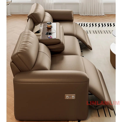 MINGDIBAO Modern Recliner Sofa with Hidden Foldable Tray Table and USB – Italian Genuine Leather Sectional Couch for Living Room