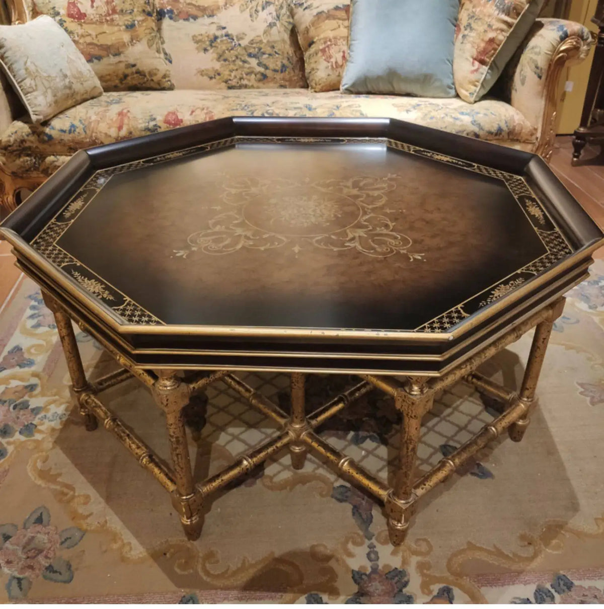 Xx French European Style Country Style Sticker Gold Foil Hand Painted Dark Black Brown Octagonal Tray Shape Coffee Table