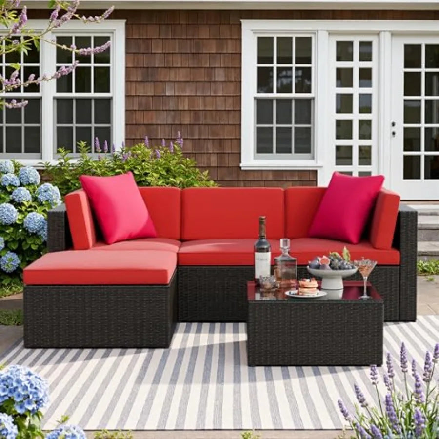 5 Pieces Patio Furniture Set Outdoor Sectional Sofa with Manual Weaving Wicker Rattan in Red Includes Cushions and Glass Table