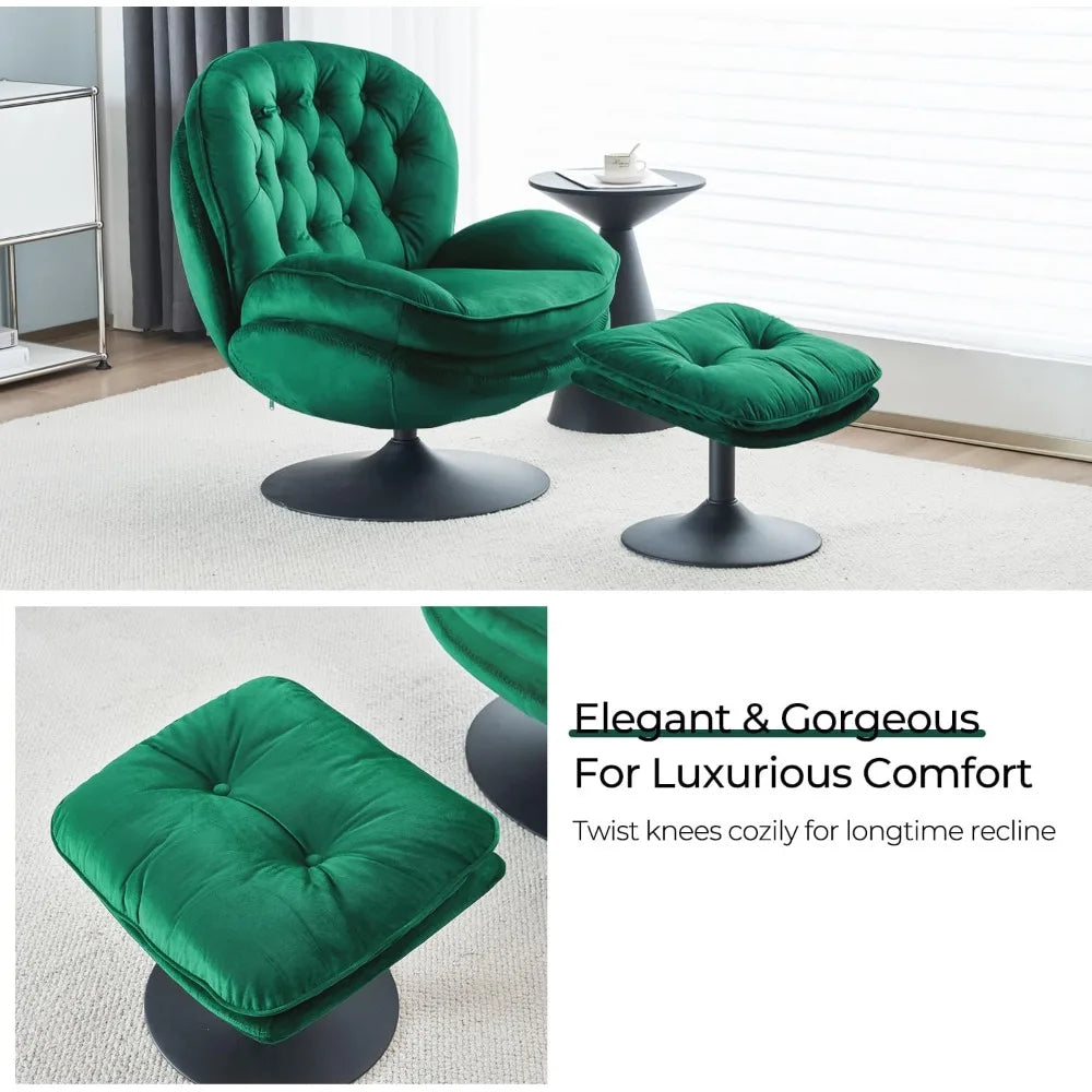 Velvet Swivel Accent Chair with Ottoman Set, Modern Tufted Armchair with Footrest for Living Room, Reading TV Chair for Adults,