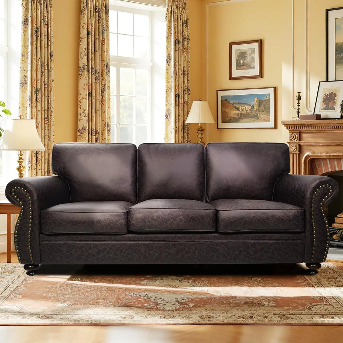 Mid-Century Vintage 3-Seater Sofa Couches Rivet Design Removable Cover Upholstered Cushions Customized Living Room Furniture