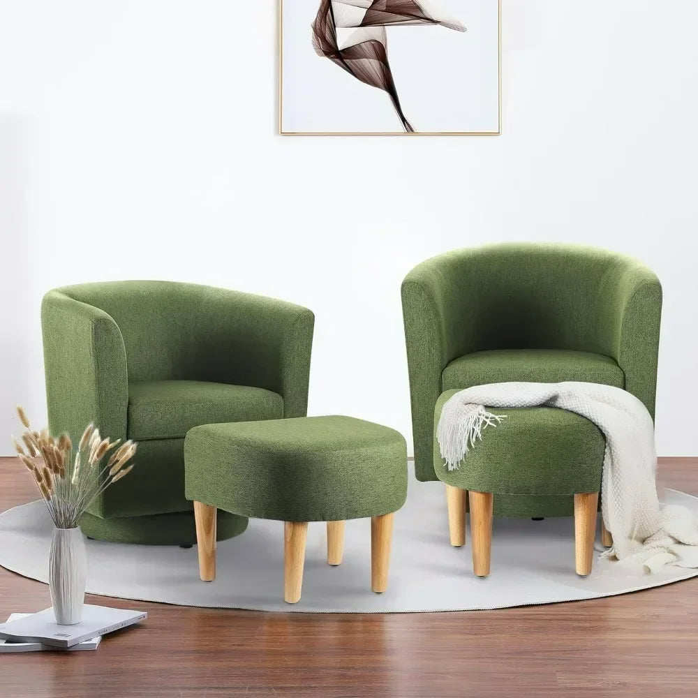 Chair Set of 2, Modern Swivel Chair with Ottoman, Comfy Armchair, Barrel Round Sofa Chair for Bedroom, Green