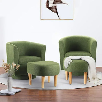 Chair Set of 2, Modern Swivel Chair with Ottoman, Comfy Armchair, Barrel Round Sofa Chair for Bedroom, Green