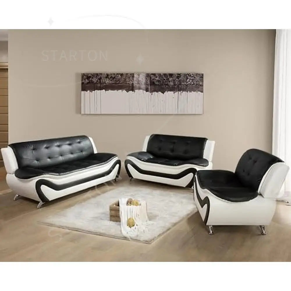 Living Room Furniture Set 3 PCS Black/White Ergonomic Design Breathable Faux Leather Upholstery Contemporary Vegan Leather Sofa