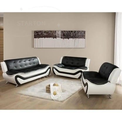 Living Room Furniture Set 3 PCS Black/White Ergonomic Design Breathable Faux Leather Upholstery Contemporary Vegan Leather Sofa