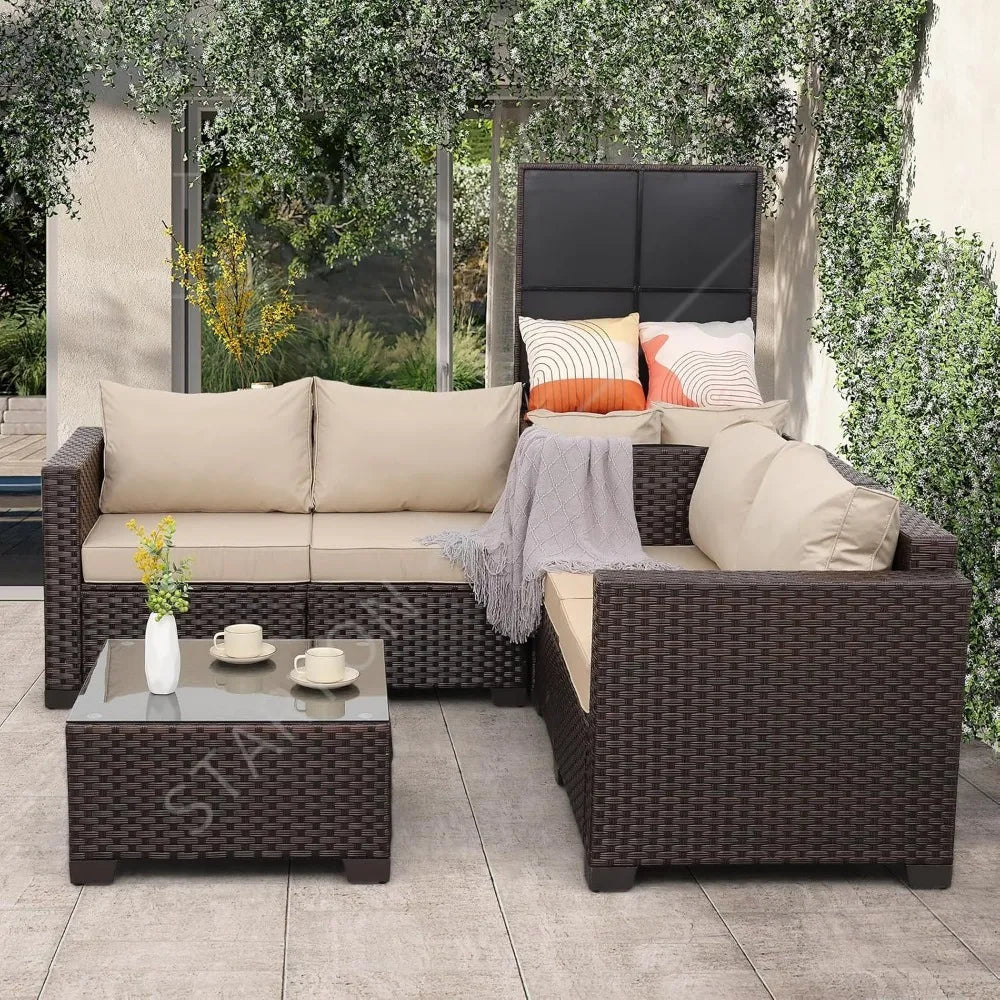 Outdoor Patio Furniture Set 4 Piece， Brown Rattan Sectional Sofa Couch PE Wicker Conversation Sets with Storage Box Glass Top Ta