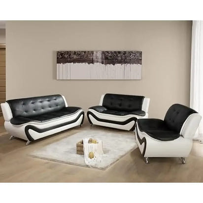 Contemporary Vegan Leather Sofa Living Room Furniture Set 3 PCS Black/White Ergonomic Design Breathable Faux Leather Upholstery