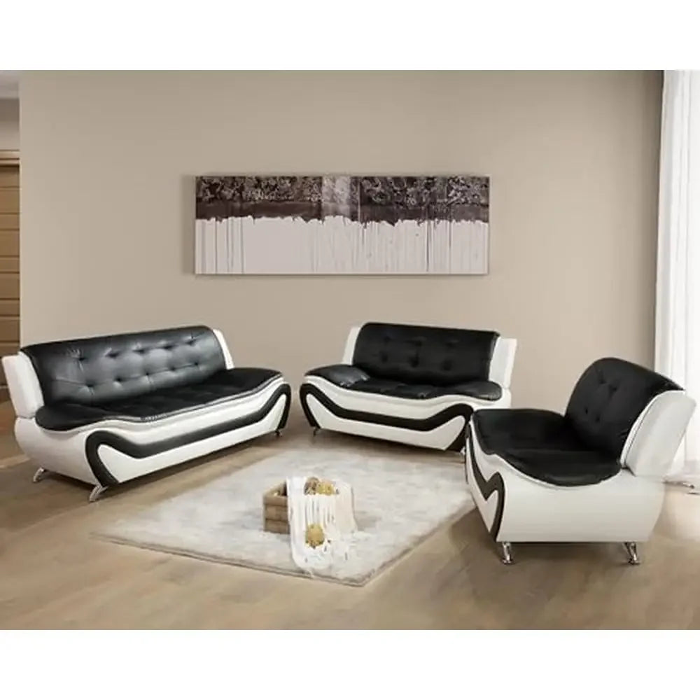 Contemporary Vegan Leather Sofa Living Room Furniture Set 3 PCS Black/White Ergonomic Design Breathable Faux Leather Upholstery
