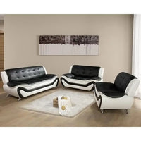 Contemporary Vegan Leather Sofa Living Room Furniture Set 3 PCS Black/White Ergonomic Design Breathable Faux Leather Upholstery