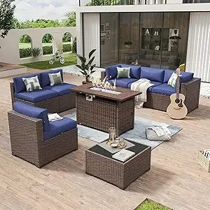 8 Piece Patio Furniture Set with 44” Fire Pit Table Wicker Rattan Outdoor Sectional Sofa Set with Coffee Table and Thickened Cu