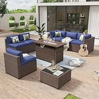 8 Piece Patio Furniture Set with 44” Fire Pit Table Wicker Rattan Outdoor Sectional Sofa Set with Coffee Table and Thickened Cu