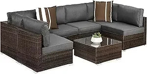 Seven Piece Modular Set, Outdoor Sectional Wicker Patio, Conversation With Two Pillows, Coffee Table Cover Included