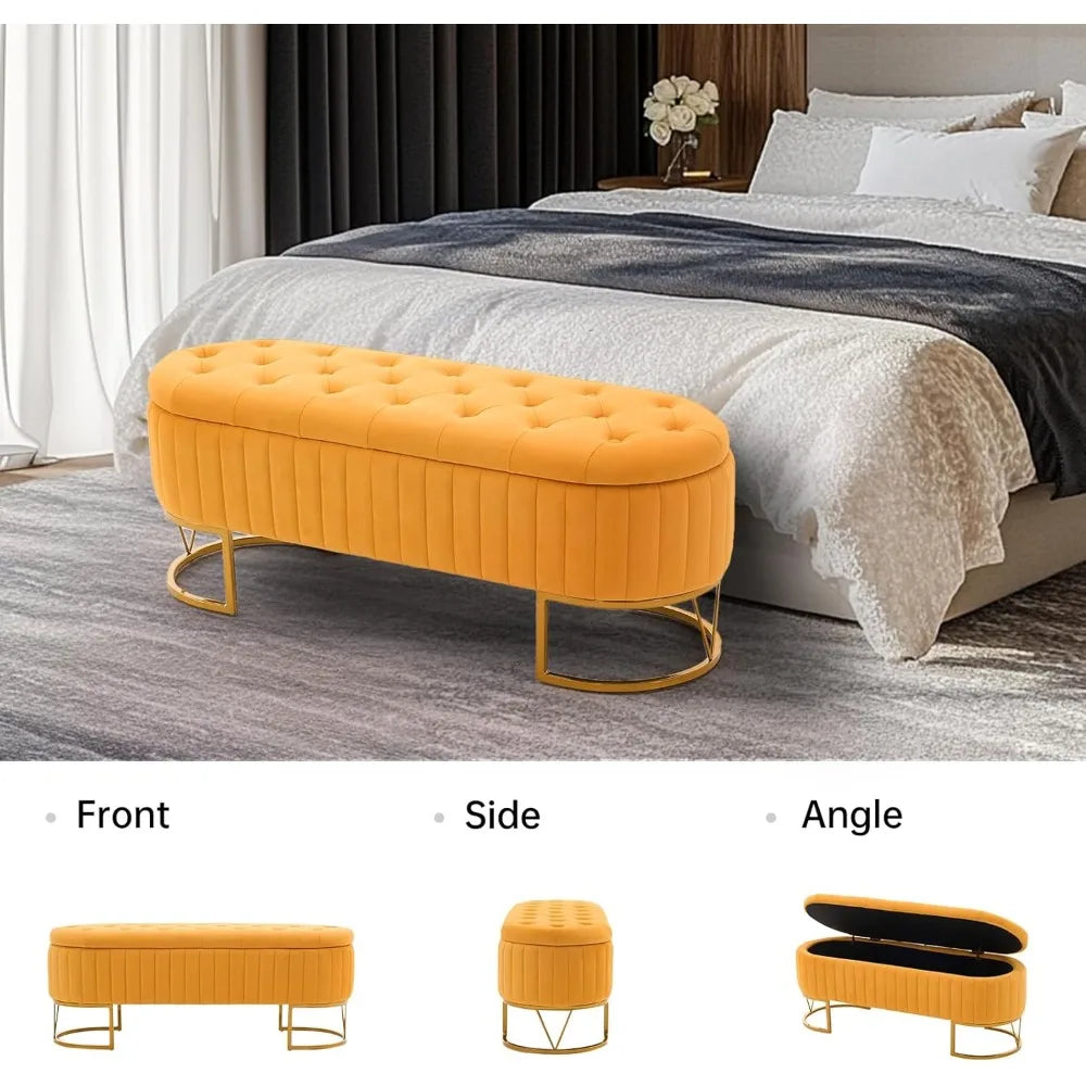 46" Tufted Upholstered Ottoman Bench – Gold Metal Legs & Hidden Storage | Multi-Functional Footrest for Living Room, Bedroom