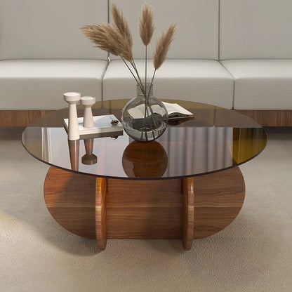 Table basse en verre de luxe légère, moderne, simple, petit appartement, salon, ronde, bois massif, maison, design créatif, table d'appoint de canapé