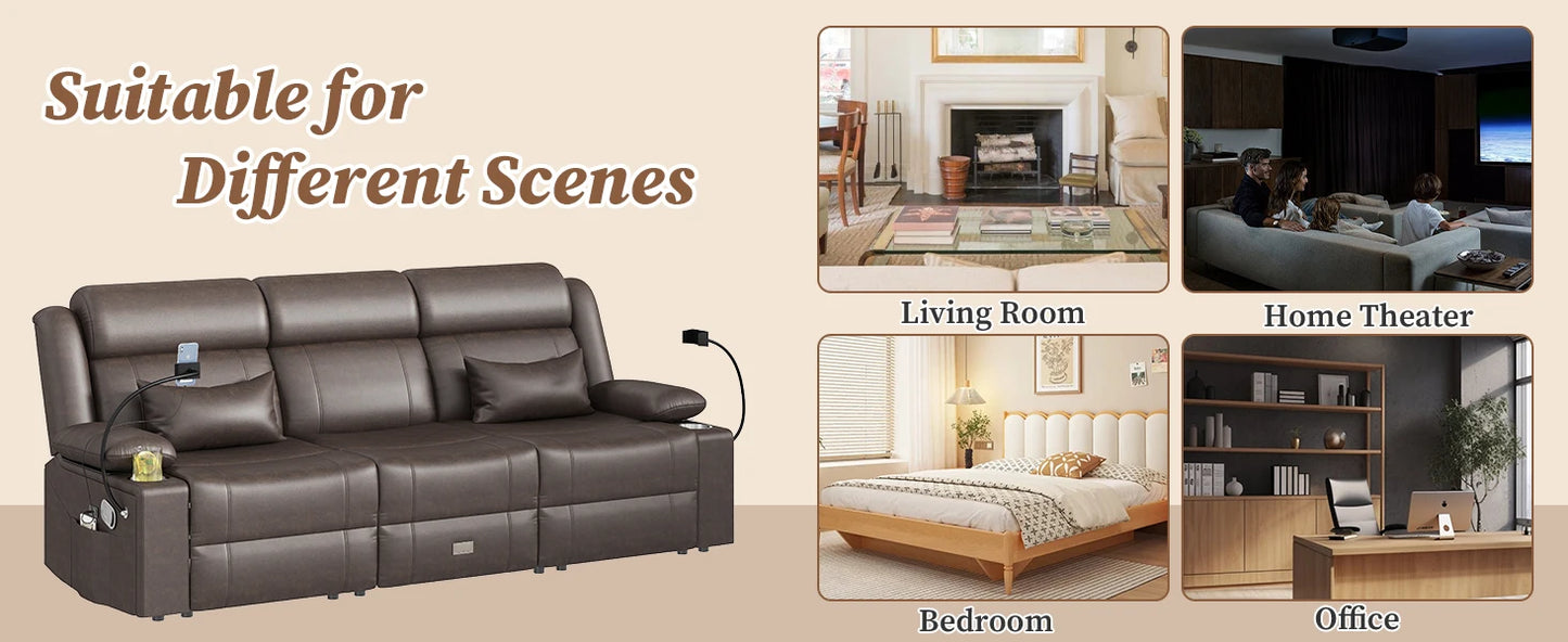 LEVELEVE Home Theater Seating，RV Reclining Sofa Set with Adjustable Headrest， Recliner Sofa with Heat and USB&Type-C, Dawer