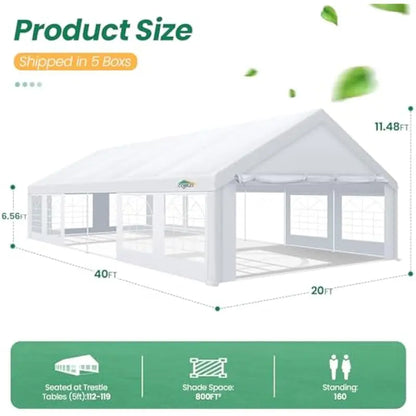 20x40 ft Heavy-Duty Waterproof PE Canopy Tent with UV-Blocking 180G Fabric, 12 Zippered Ventilated Sidewalls, Galvanized Steel F