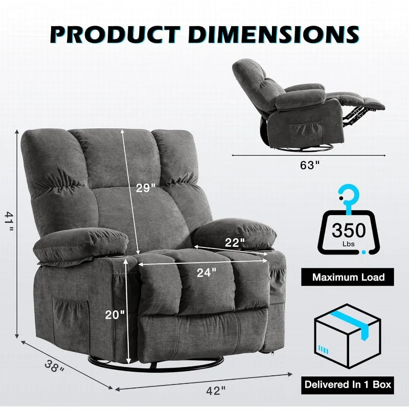 MAHOMICO Recliner Chair Oversized Swivel Rocker with Vibration Massage & Lumbar Heating, 360° Swivel, USB Charging Port