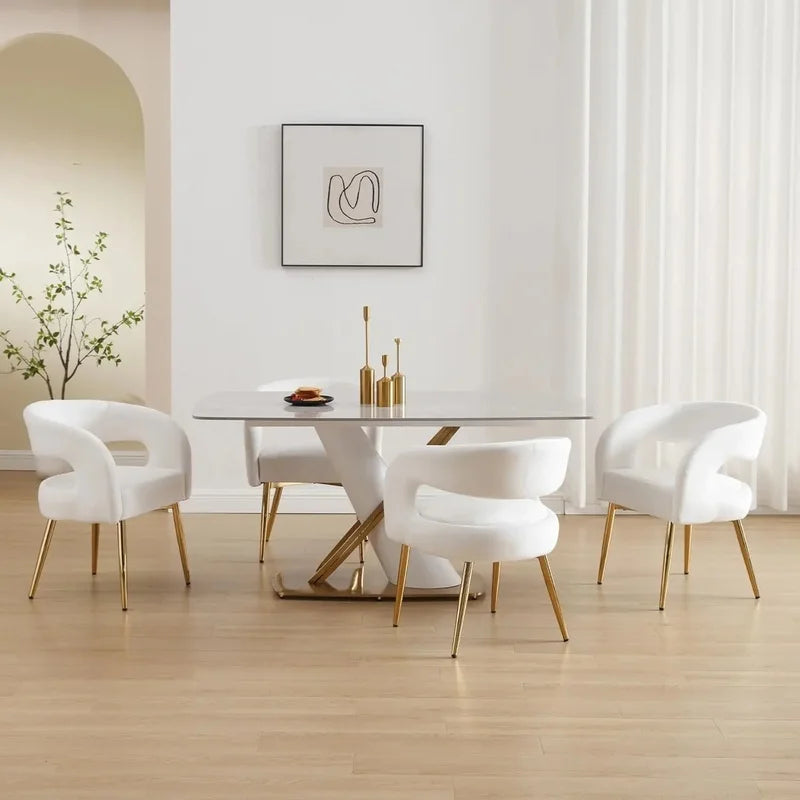 Set of 4 White Velvet Dining Chairs with Gold Legs, Modern Comfortable Barrel Armchairs for Dining Room