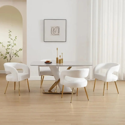Set of 4 White Velvet Dining Chairs with Gold Legs, Modern Comfortable Barrel Armchairs for Dining Room