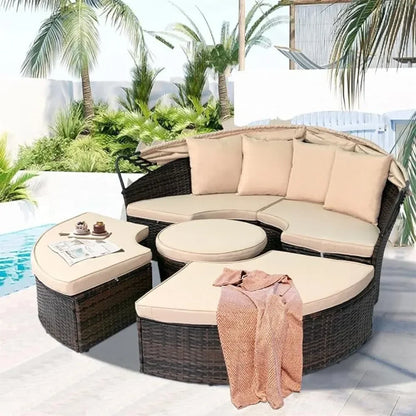 Nordic luxury Leisure Round Daybed with Retractable Canopy,Outdoor Furniture with Washable Cushions, Clamshell Sectional Seating