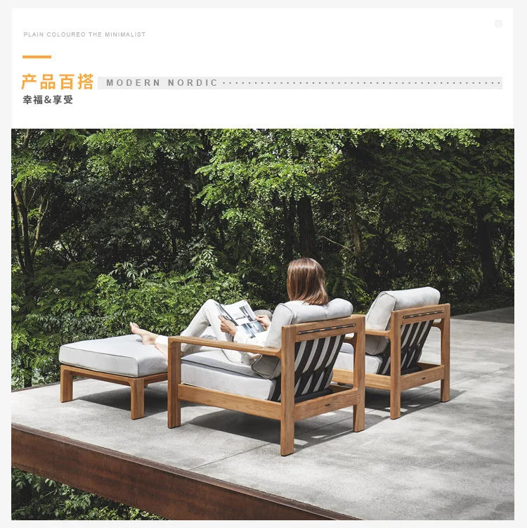 Nordic outdoor sofa balcony courtyard garden open-air waterproof and sunscreen high-end teak sofa coffee table combination
