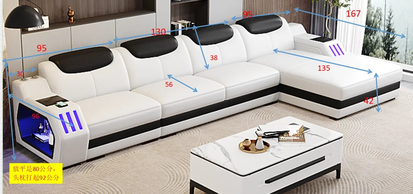 Modern Genuine Leather Massage Sectional Sofa Bed with Adjustable Headrests & LED Lights, Recliner Couch Set with Storage & USB