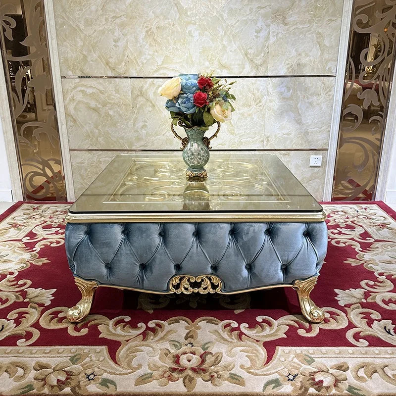 French solid wood square table European luxury square large coffee table tempered glass