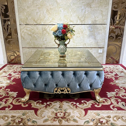 French solid wood square table European luxury square large coffee table tempered glass