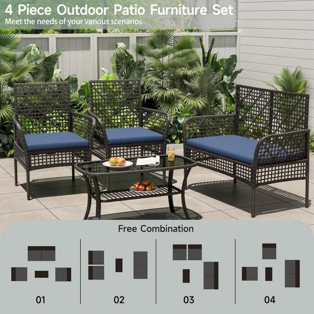 Patio Furniture Set 4 Pieces Outdoor Wicker Rattan Chairs with Coffee Table and Cushions, Modern Patio Conversation Sets for Poo