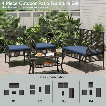 Patio Furniture Set 4 Pieces Outdoor Wicker Rattan Chairs with Coffee Table and Cushions, Modern Patio Conversation Sets for Poo