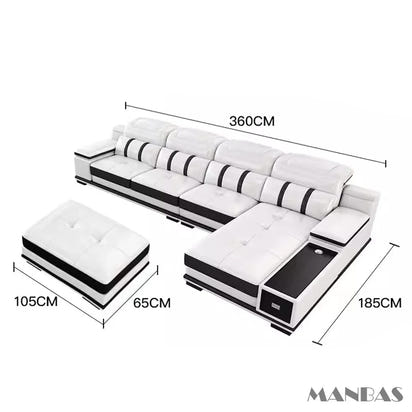 Modern Genuine Leather Sofa Living Room By MANBAS - Stylish Italian Couch with Bluetooth Speaker, USB & Adjustable Headrests