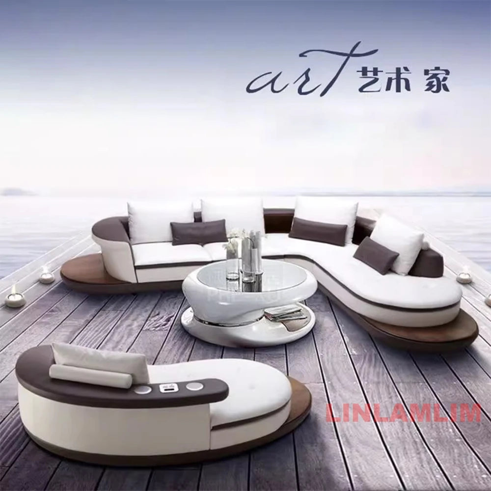 Modern Luxury Genuine Leather Sectional Sofa Set with Speaker and USB, U-Shaped Design Living Room Couch with Storage Shelves